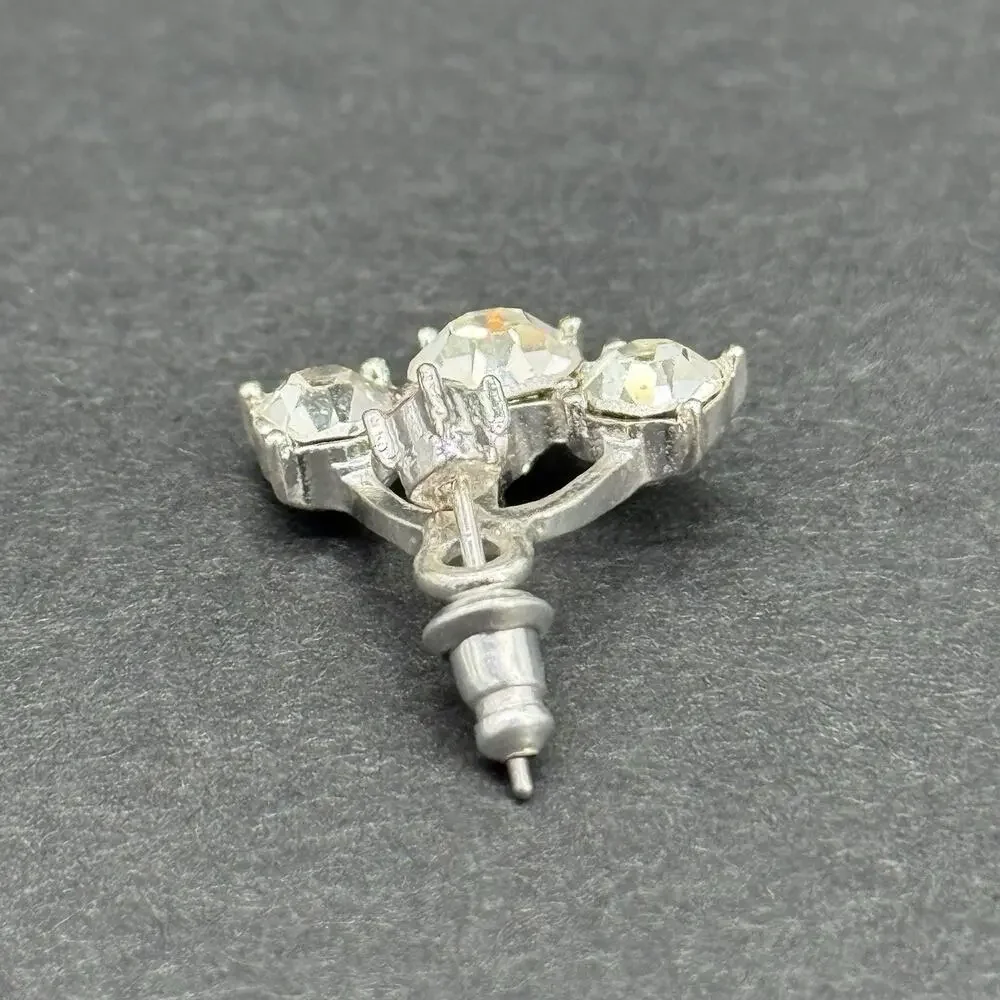 Vintage Silver-Tone Clear Rhinestone Triple Droplet Fan Post Earrings Set